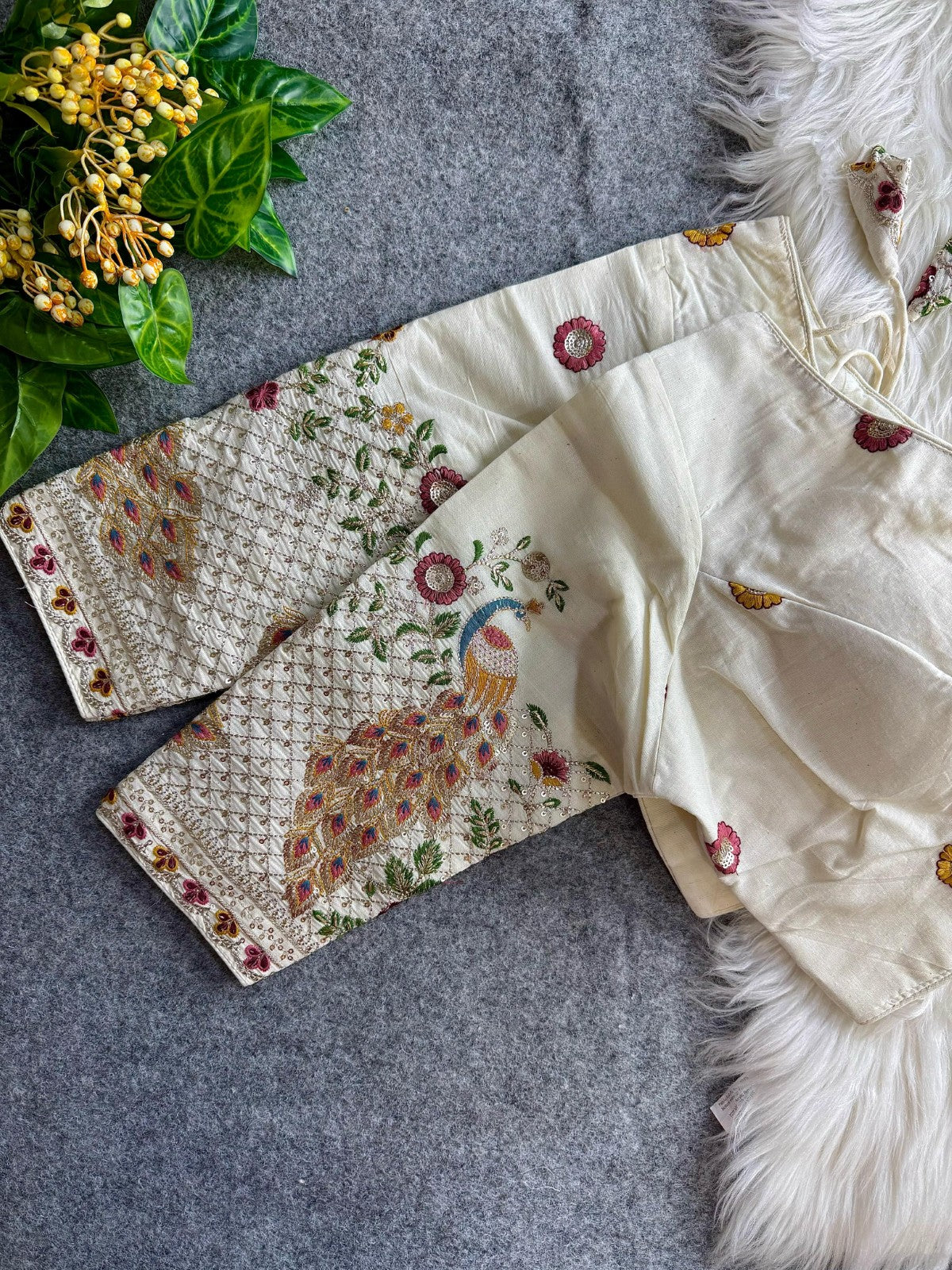Pure Khadi cotton V neck Thread coding with Embroidered work Padded White blouse