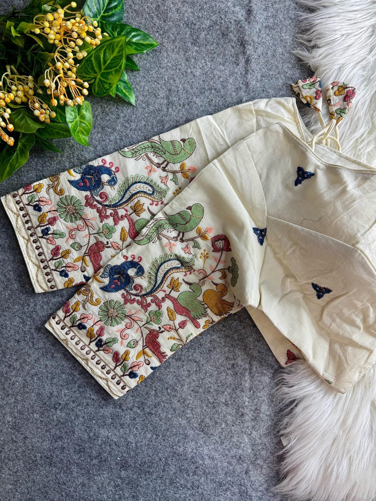 Pure Khadi cotton V neck Thread coding with Embroidered work Padded White blouse