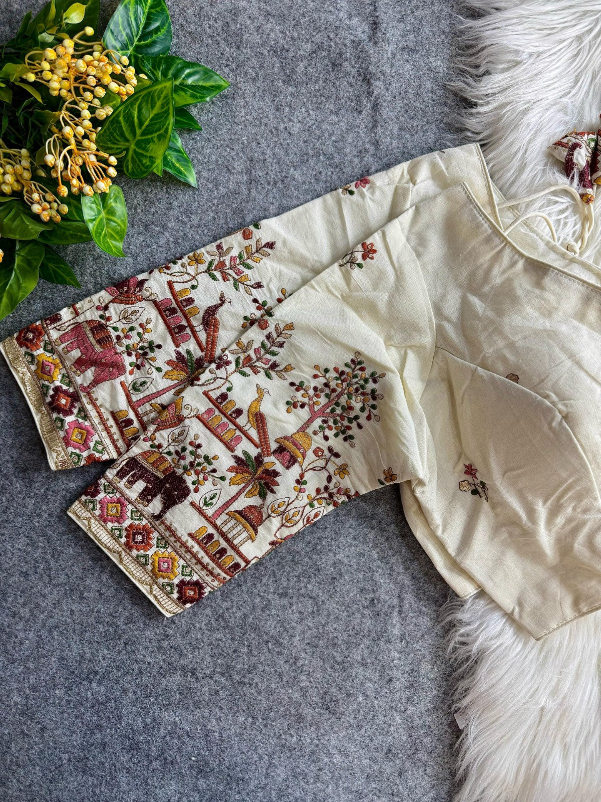 Pure Khadi cotton V neck Thread coding with Embroidered work Padded White blouse