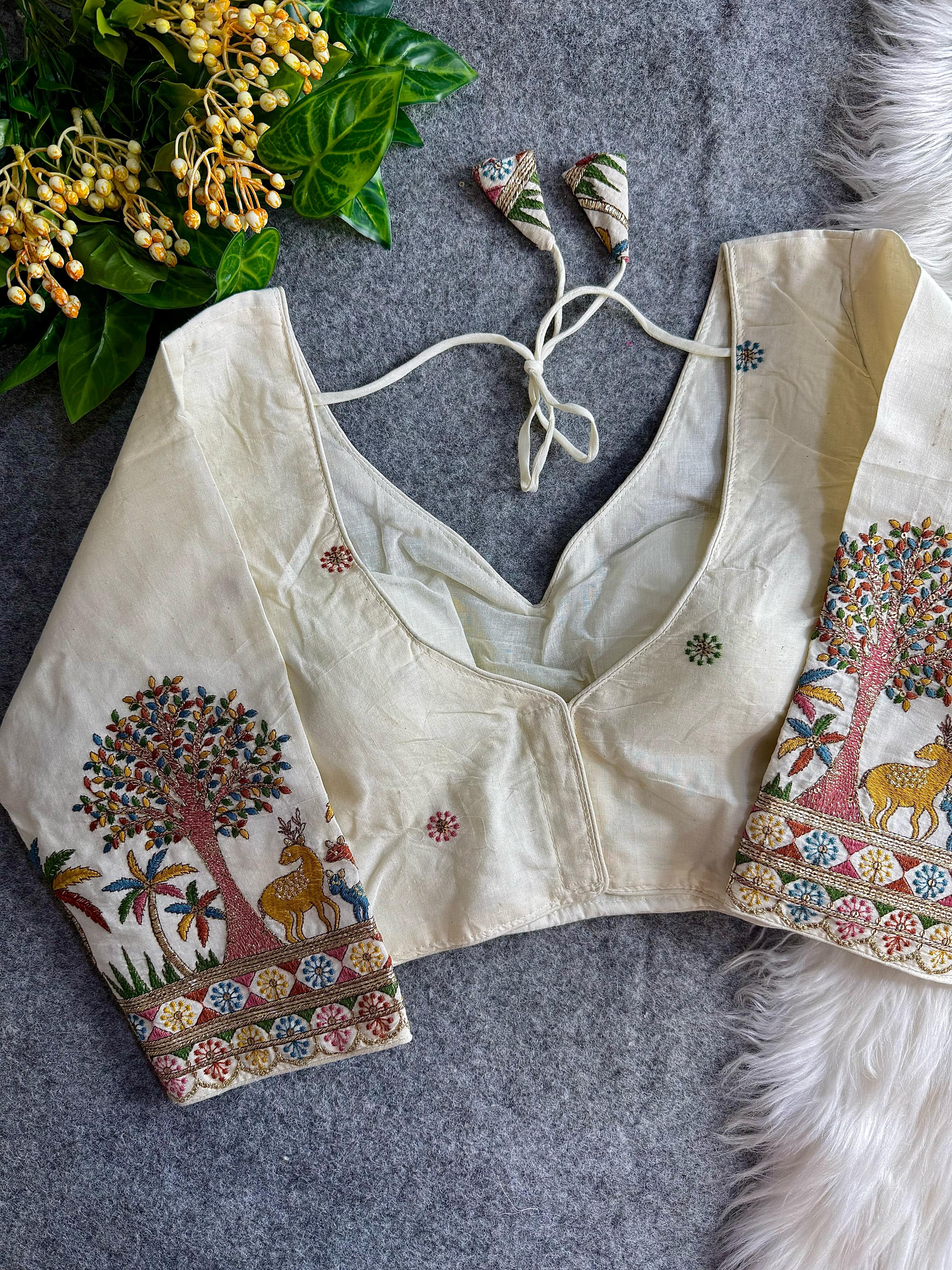 Pure Khadi cotton V neck Thread coding with Embroidered work Padded White blouse
