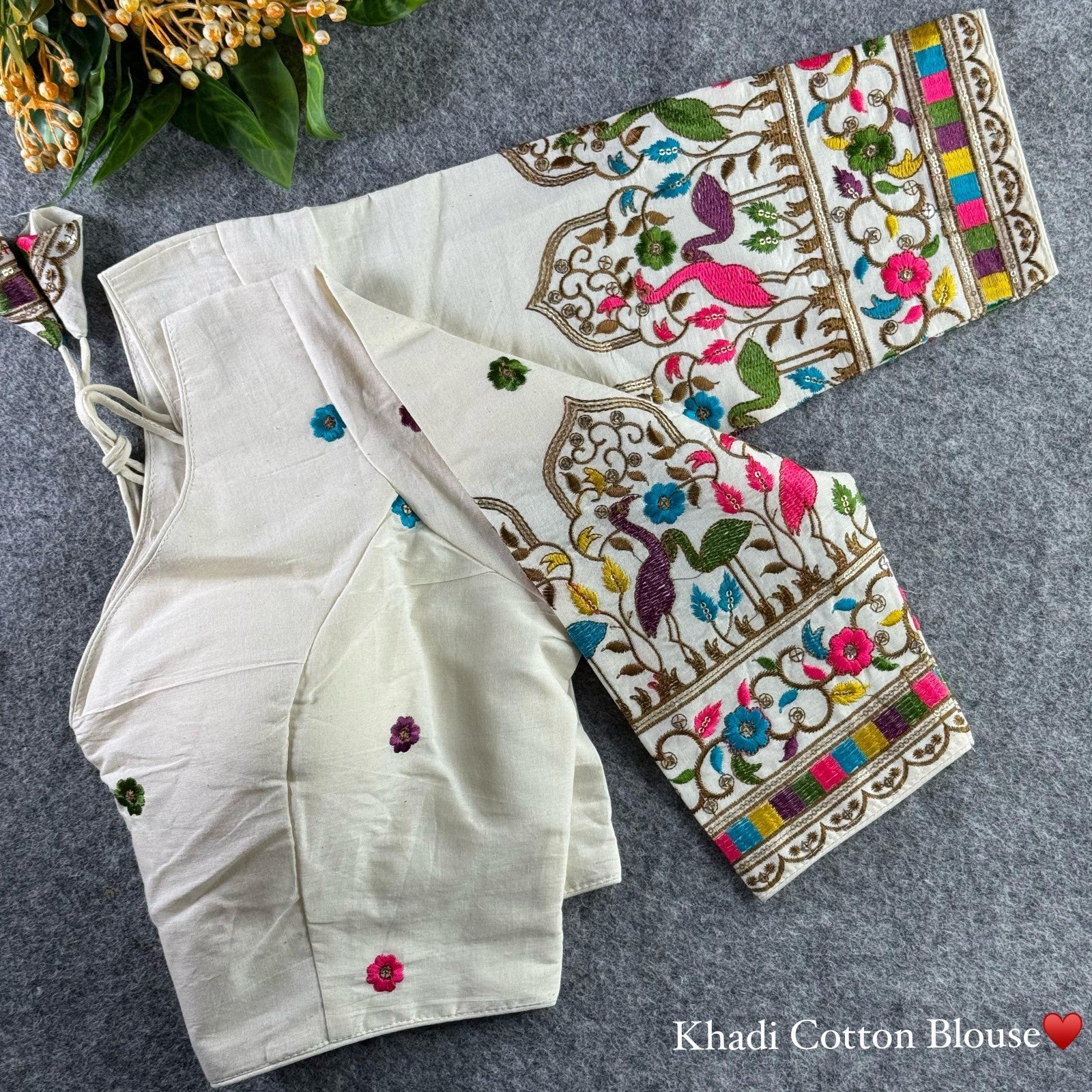 White Khadi cotton with Thread Coding Embroidery work Padded Blouse