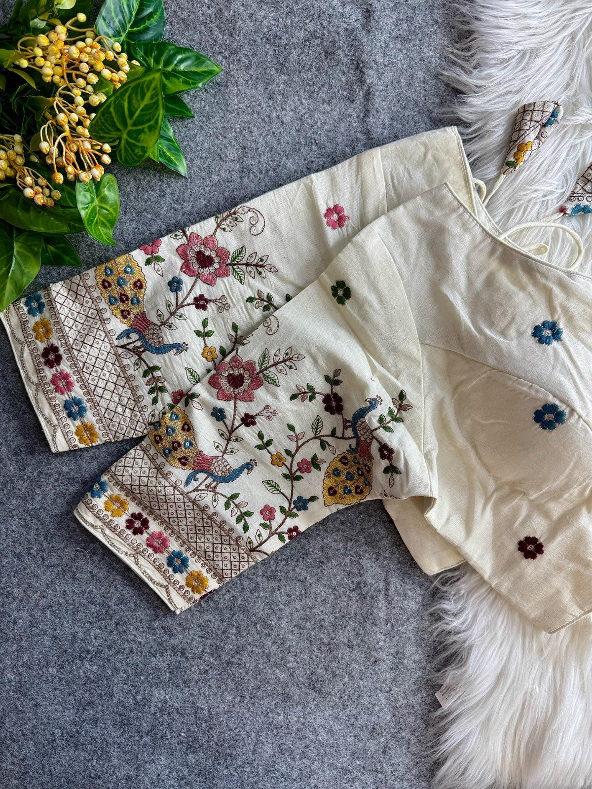 Pure Khadi cotton V neck Thread coding with Embroidered work Padded White blouse