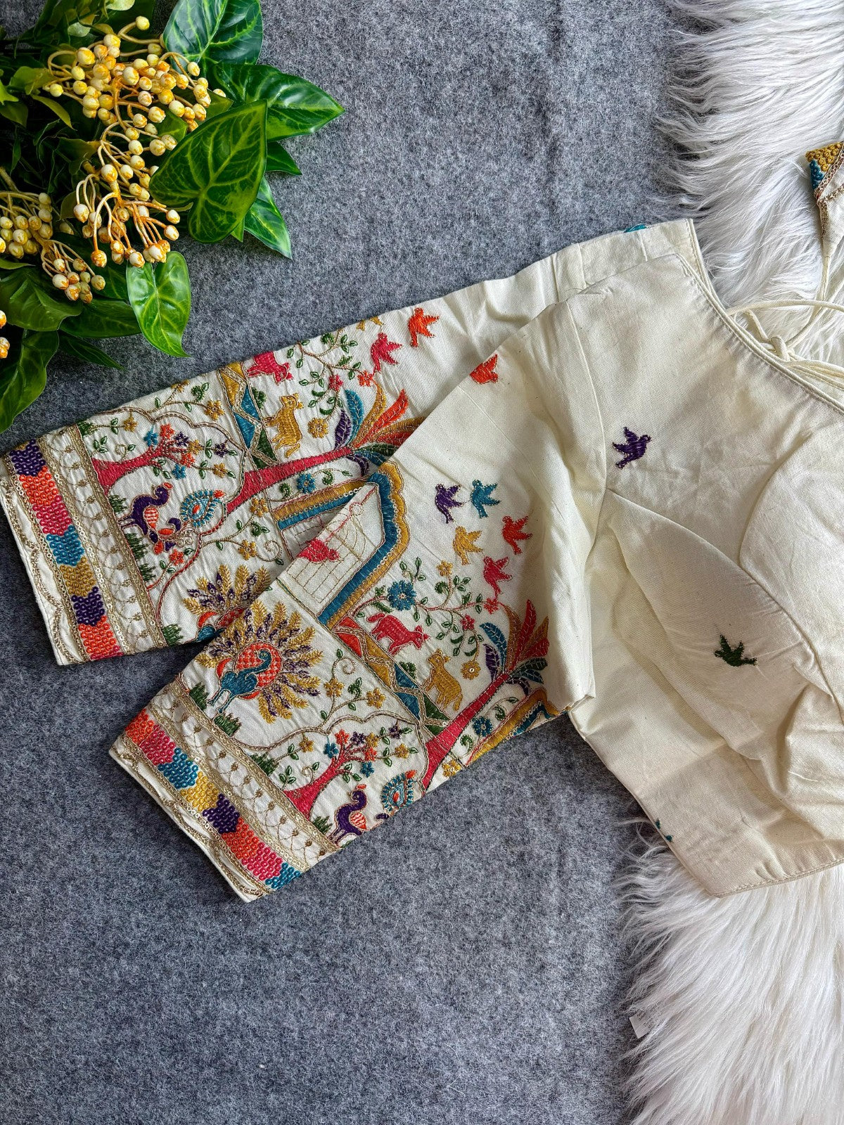 Pure Khadi cotton V neck Thread coding with Embroidered work Padded White blouse