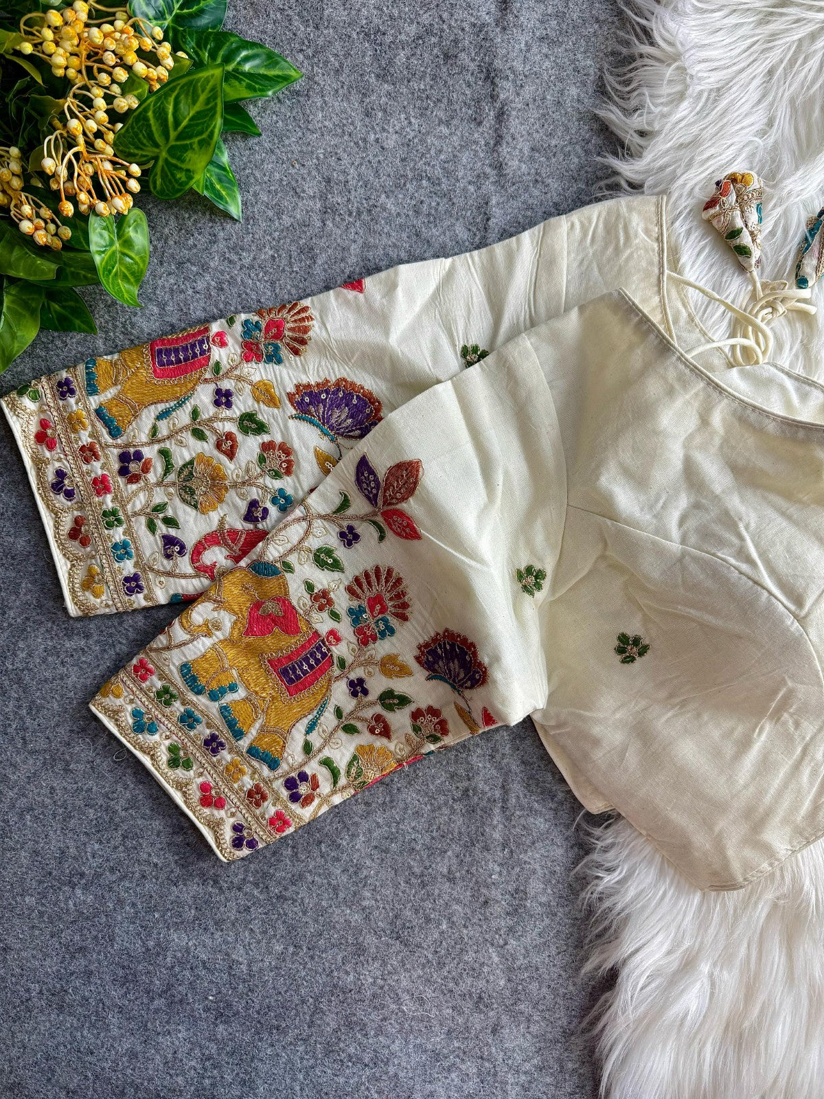 Pure Khadi cotton V neck Thread coding with Embroidered work Padded White blouse
