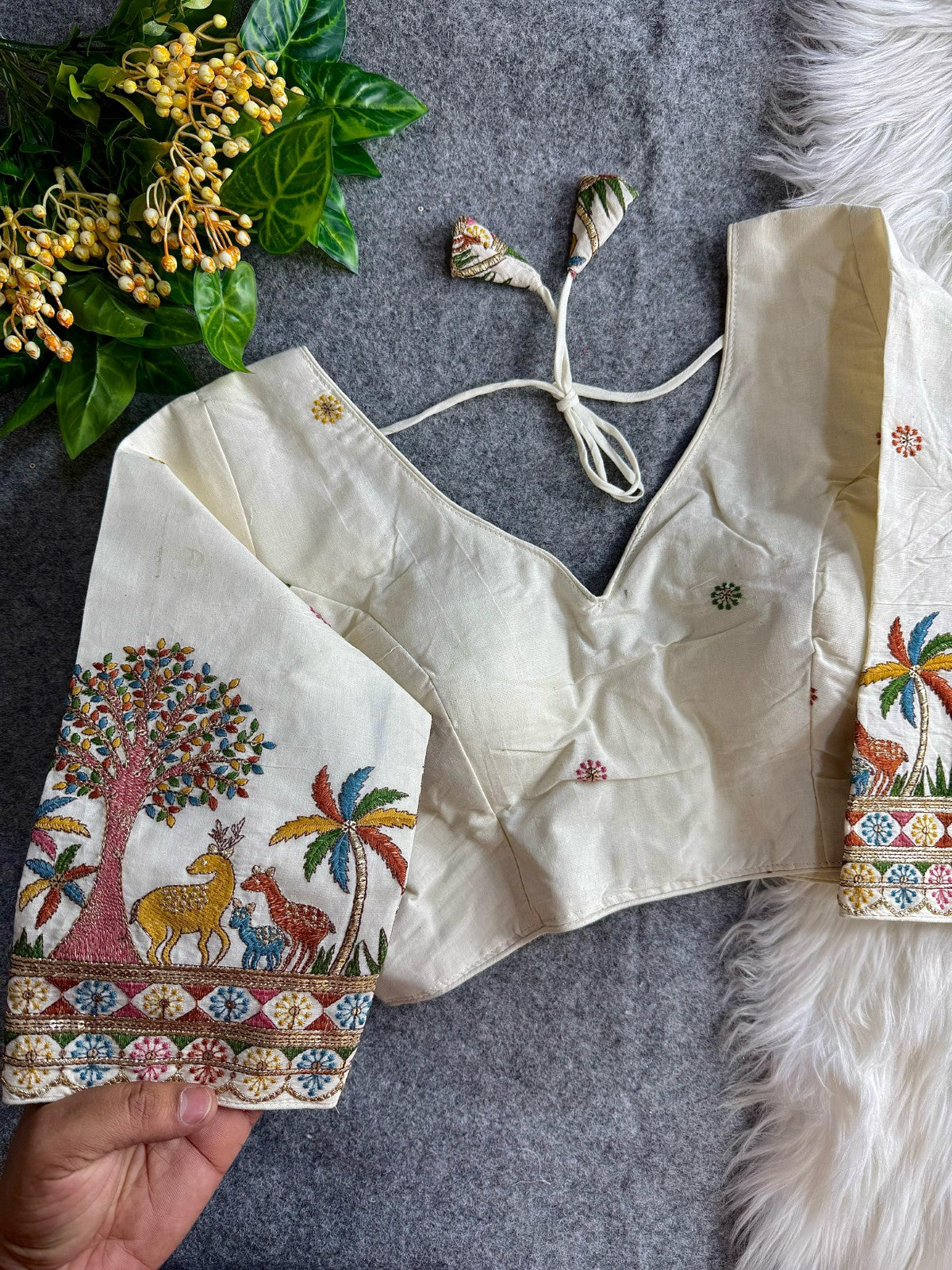 Pure Khadi cotton V neck Thread coding with Embroidered work Padded White blouse