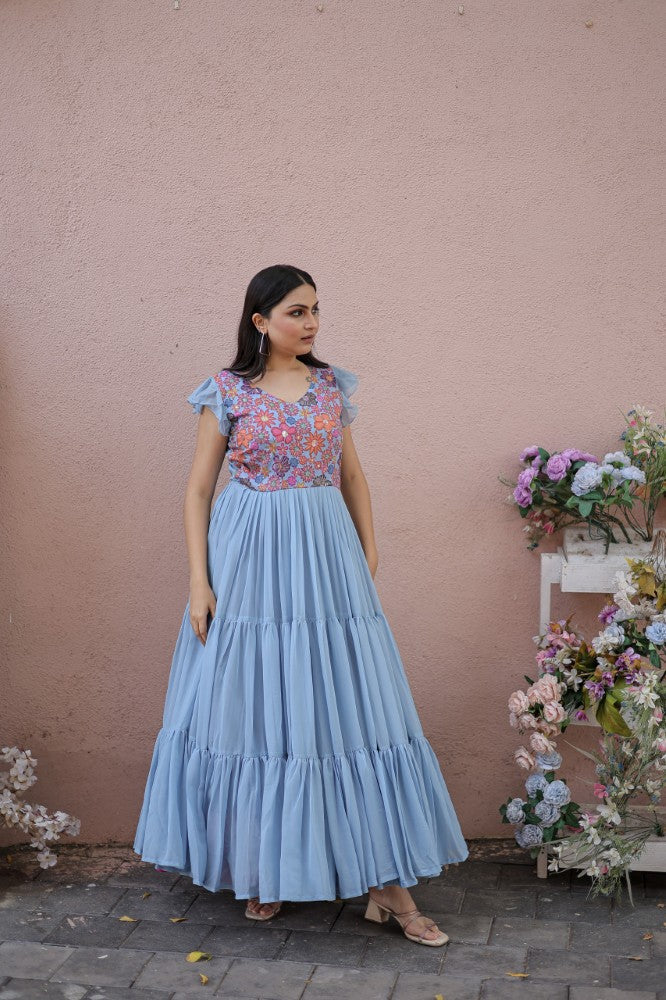 Readymade Gown Bell Sleeves Georgette Fabric with Rich Floral Position Print work