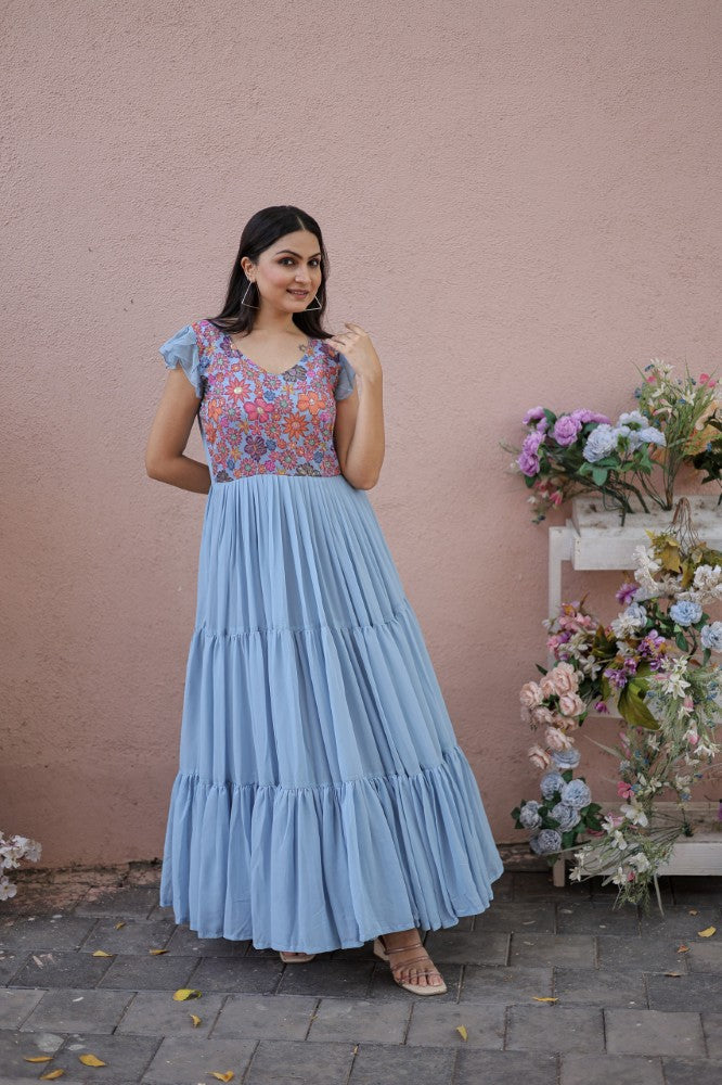Readymade Gown Bell Sleeves Georgette Fabric with Rich Floral Position Print work