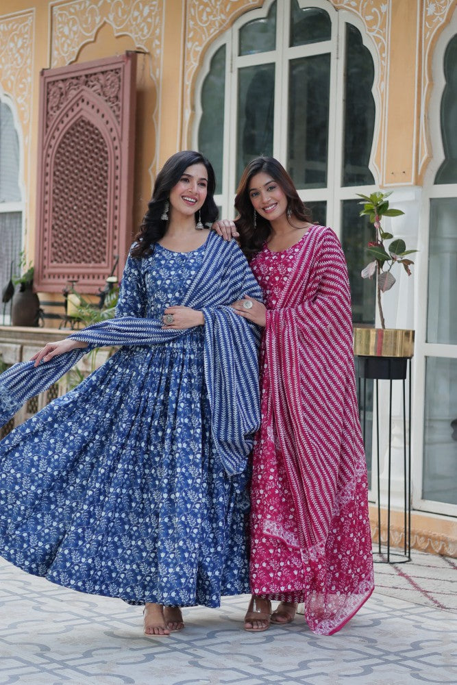 Readymade Anarkali Kurta Set for Women Cotton Fabric with Printed Design