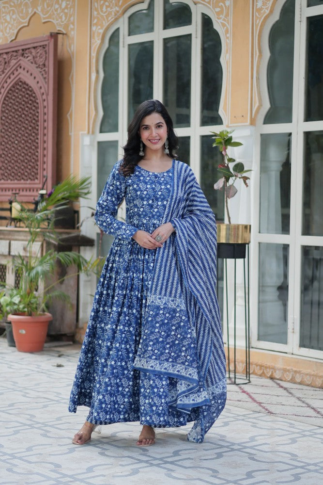 Readymade Anarkali Kurta Set for Women Cotton Fabric with Printed Design