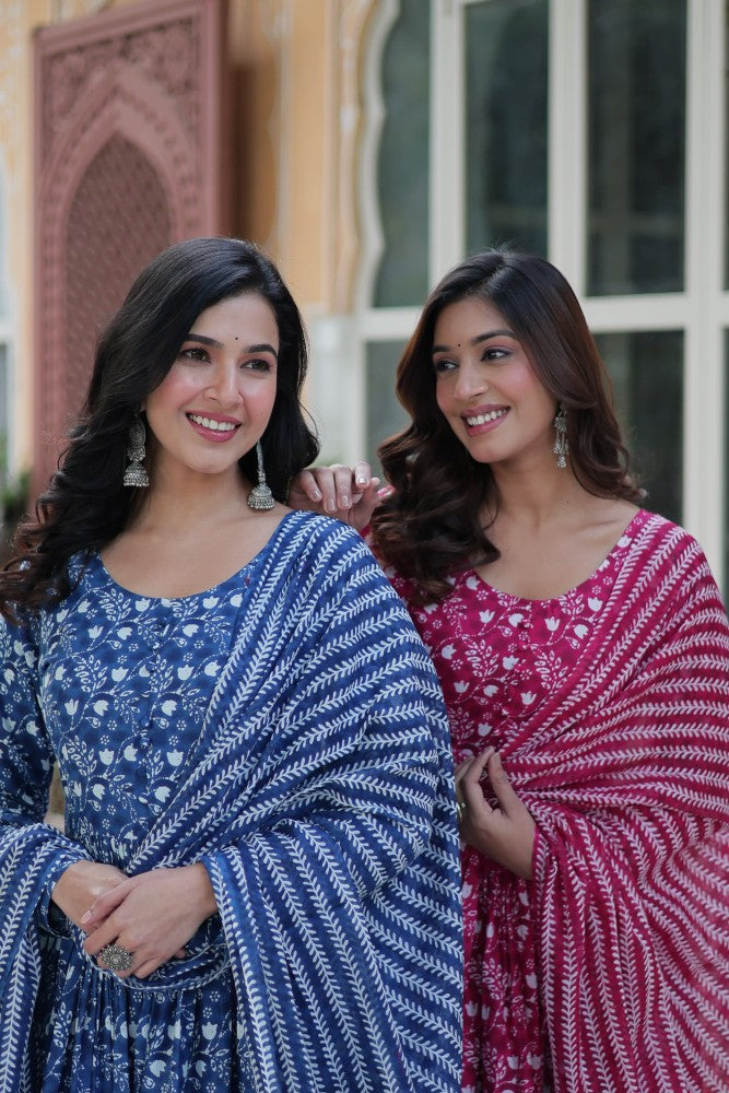 Readymade Anarkali Kurta Set for Women Cotton Fabric with Printed Design