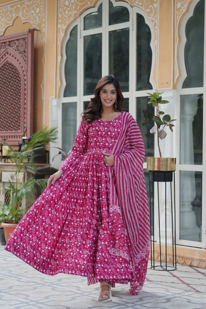 Readymade Anarkali Kurta Set for Women Cotton Fabric with Printed Design