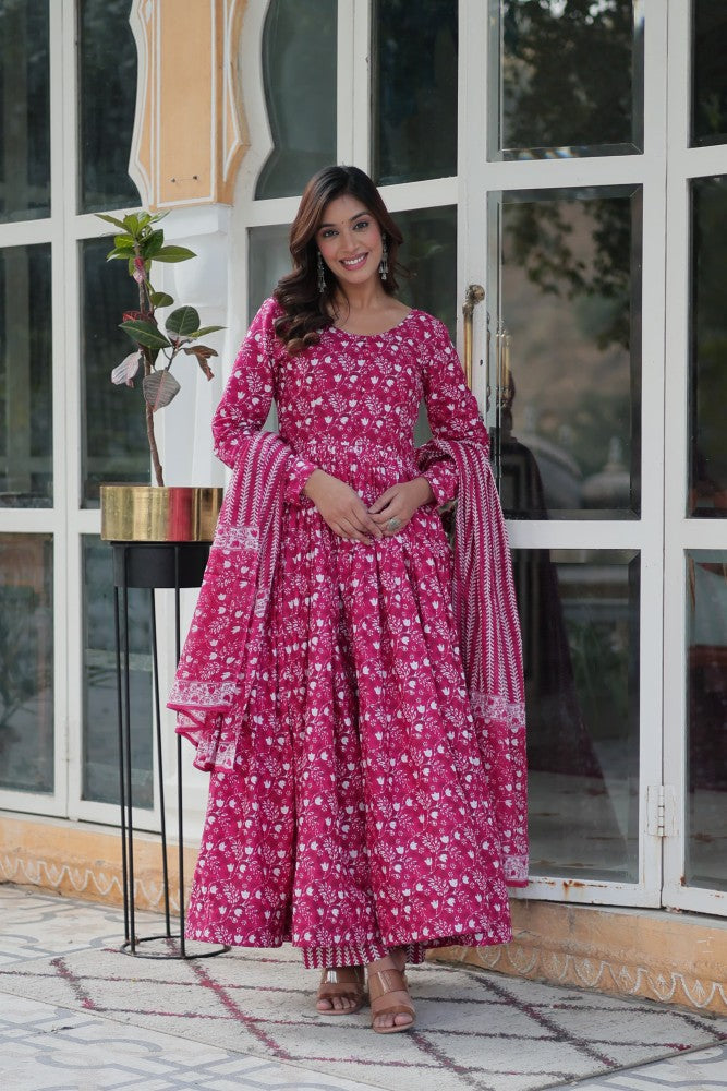 Readymade Anarkali Kurta Set for Women Cotton Fabric with Printed Design