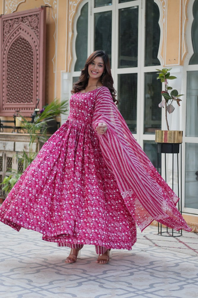 Readymade Anarkali Kurta Set for Women Cotton Fabric with Printed Design