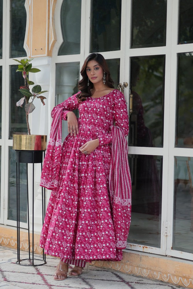 Readymade Anarkali Kurta Set for Women Cotton Fabric with Printed Design
