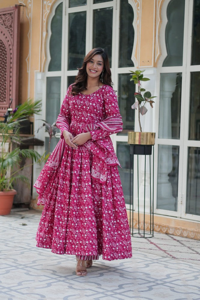 Readymade Anarkali Kurta Set for Women Cotton Fabric with Printed Design