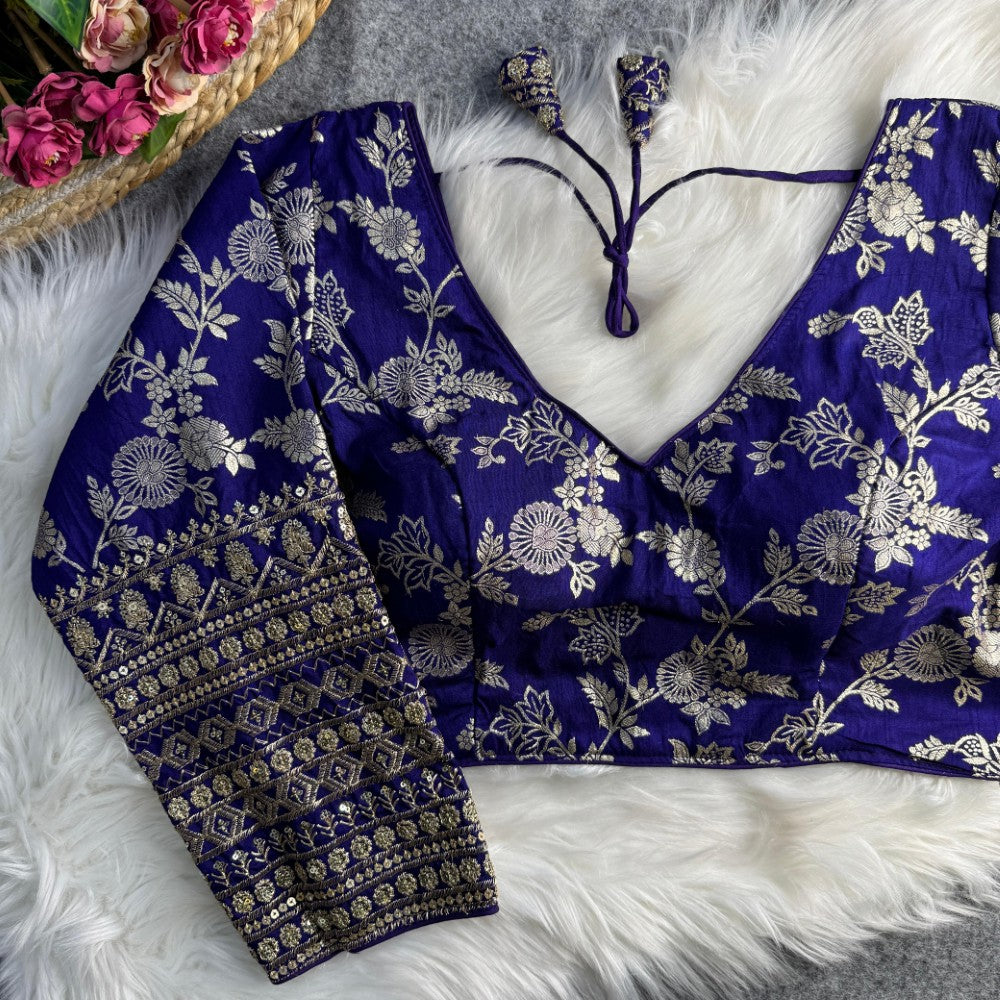 Long sleeves blouse Dola silk fabric V Shape neck Embroidery work Partywear Blouse