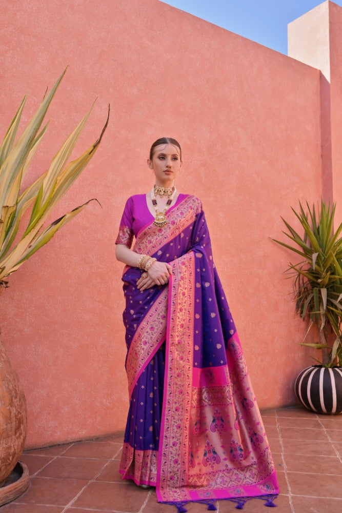 Soft banarasi silk fabric with contrast weaving border work saree Women's wear sari blouse