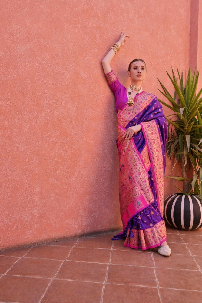 Soft banarasi silk fabric with contrast weaving border work saree Women's wear sari blouse