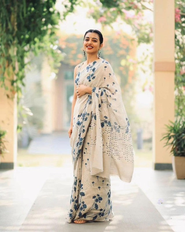 Printed Saree for women Pure Linen Fabric and Digital Print